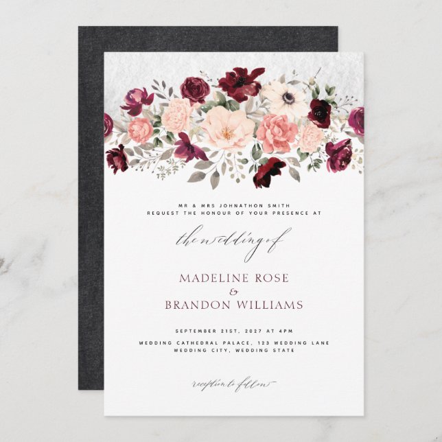 Convite Casamento Floral Rustic Burgundy Blush (Frente/Verso)