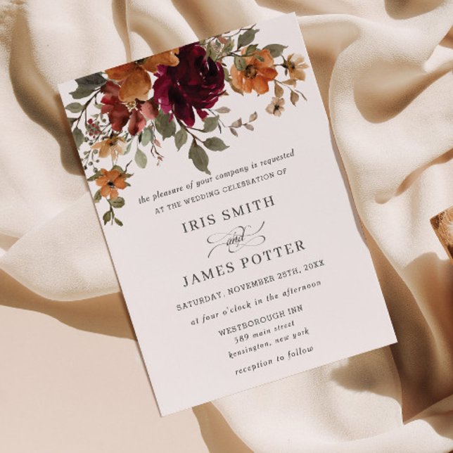 Convite Casamento Floral Rustic Burgundy Burnt Orange Rust (rustic burgundy rust burnt orange floral fall autumn wedding invitation cards printed digital file)