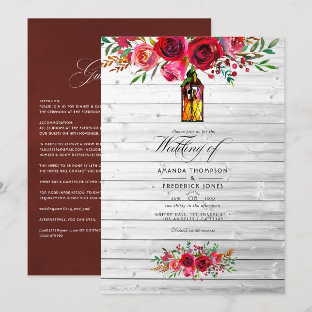Convite Casamento Floral Rustic Burgundy e Pink Watercolor (Frente/Verso)