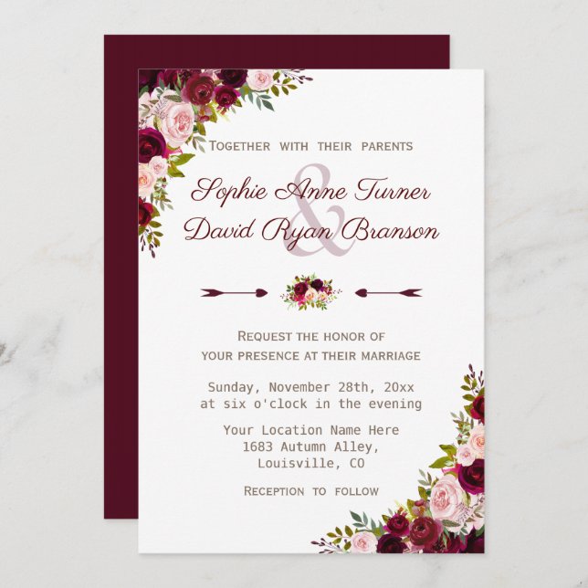 Convite Casamento Floral Rustic Burgundy Marsala (Frente/Verso)