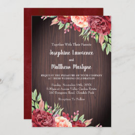 Convite Casamento Floral Rustic Burgundy Rosa Watercolor