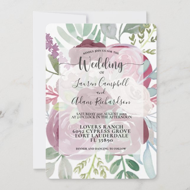 Convite Casamento Floral Rustic Burgundy Watercolor (Frente)