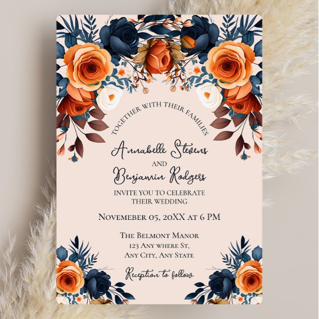 Convite Casamento Floral Rustic Burnt Orange and Blue (Criador carregado)