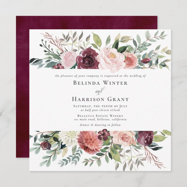 Convite Casamento Floral Rustic Charm Burgundy Blush SQ Ro (Frente/Verso)