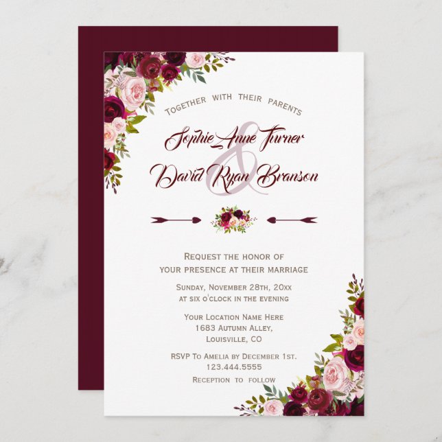 Convite Casamento Floral Rustic Country Burgundy Marsala (Frente/Verso)