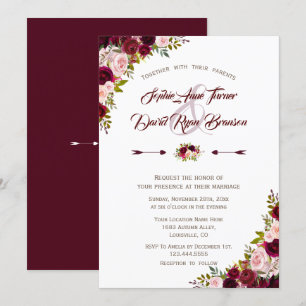 Convite Casamento Floral Rustic Country Burgundy Marsala