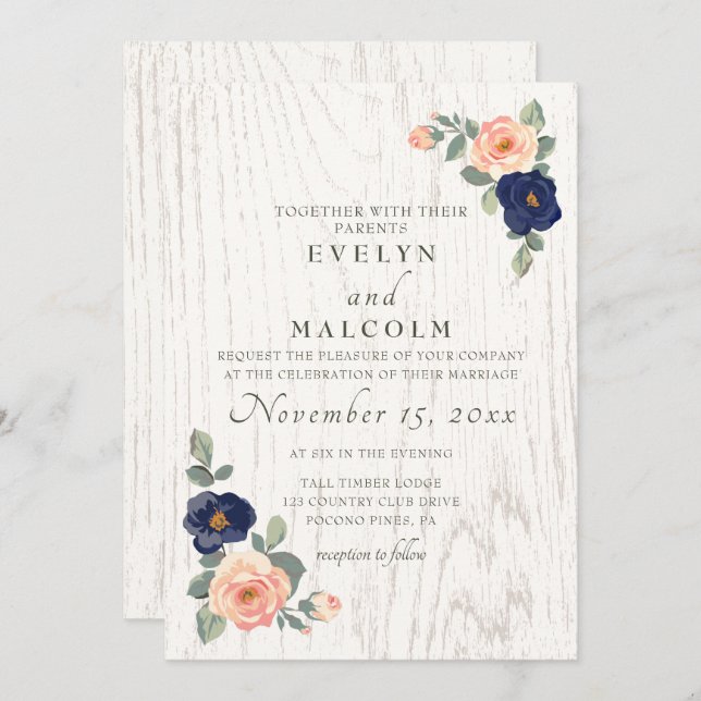 Convite Casamento Floral Rustic Country Marinho Blue and P (Frente/Verso)