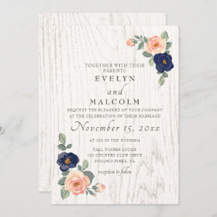 Convite Casamento Floral Rustic Country Marinho Blue and P