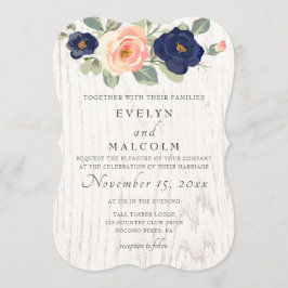 Convite Casamento Floral Rustic Country Marinho Blue and P