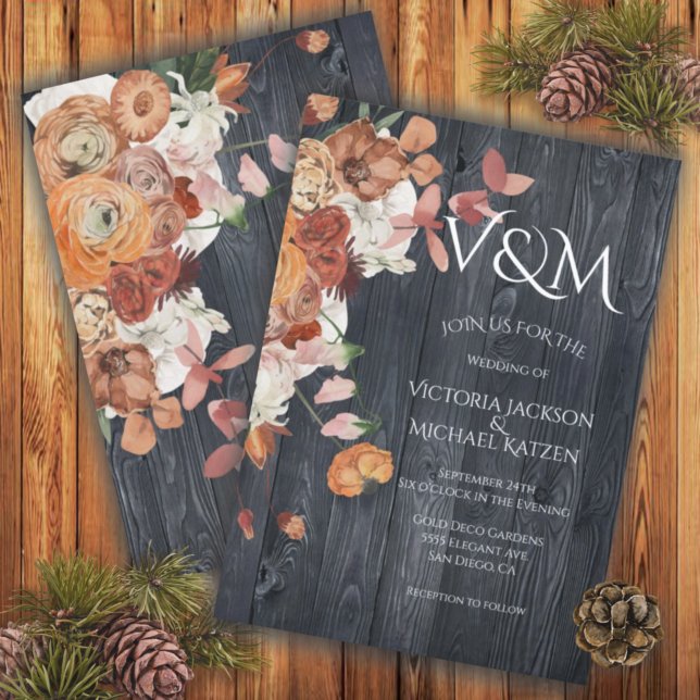 Convite Casamento Floral Rustic Dark Wood Autumn (Criador carregado)