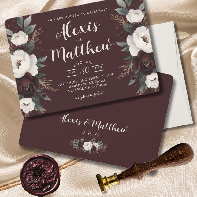 Convite Casamento Floral Rustic Elegance Burgundy (Boho Rustic Farmhouse Chic Modern Wedding Invitation)