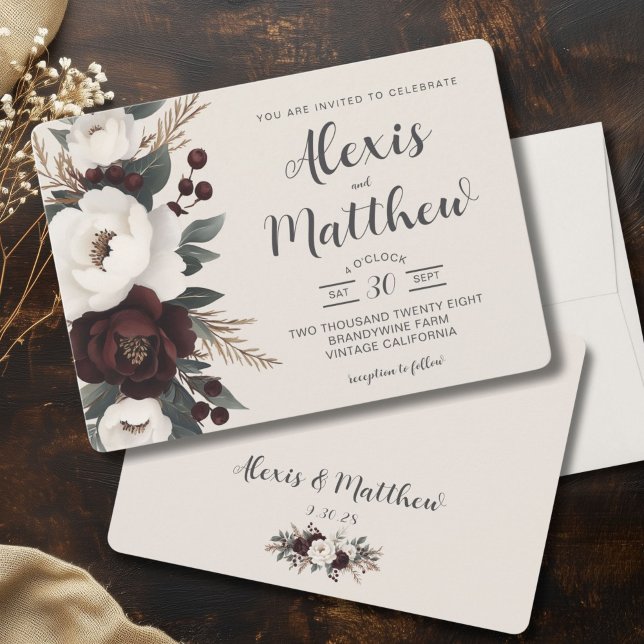Convite Casamento Floral Rustic Elegance Burgundy (Rustic Elegance Wedding Invitation, Country Fall, Shabby Chic Burgundy and Mocha)