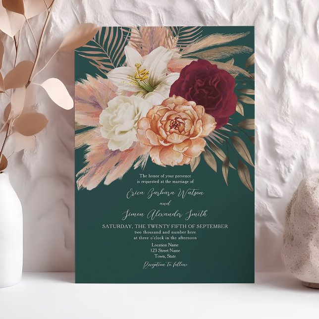 Convite Casamento Floral Rustic Emerald e Burgundy (Criador carregado)
