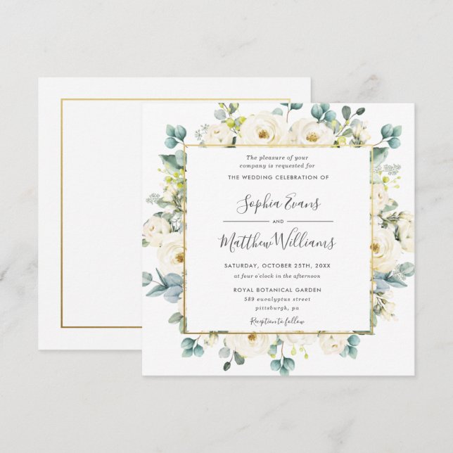 Convite Casamento Floral Rustic Eucalyptus Ivory White (Frente/Verso)