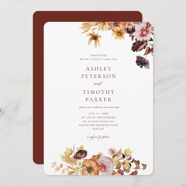 Convite Casamento Floral Rustic Fall Burgundy Boho (Frente/Verso)