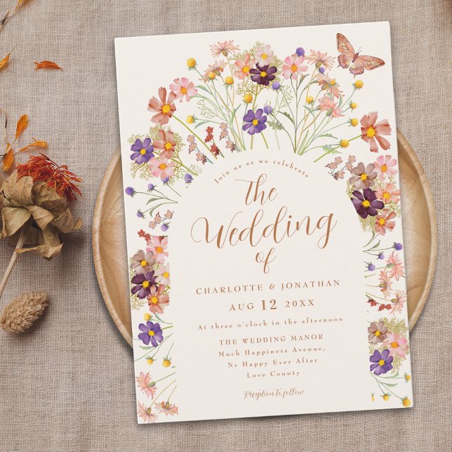Convite Casamento Floral Rustic Fall Fall (Boho fall rustic floral wedding invitation whimsical watercolor wildflowers and butterfly )