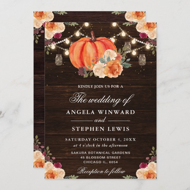 Convite Casamento Floral Rustic Fall Orange Pumpkins (Frente/Verso)