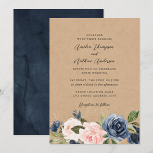 Convite Casamento Floral Rustic Kraft Azul Bebê