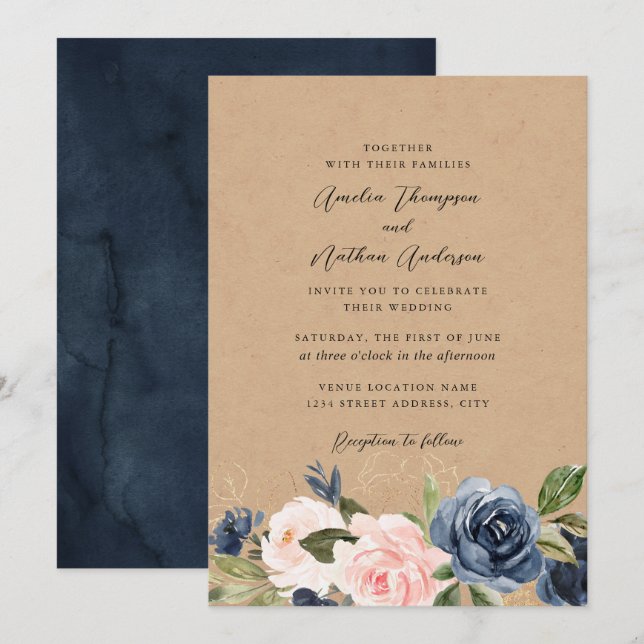Convite Casamento Floral Rustic Kraft Azul Bebê (Frente/Verso)