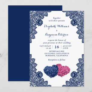 Convite Casamento Floral Rustic Lace Marinho Blue and Pink