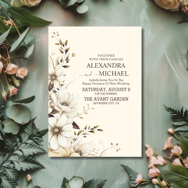 Convite Casamento Floral Rustic Neutral Boho (Criador carregado)