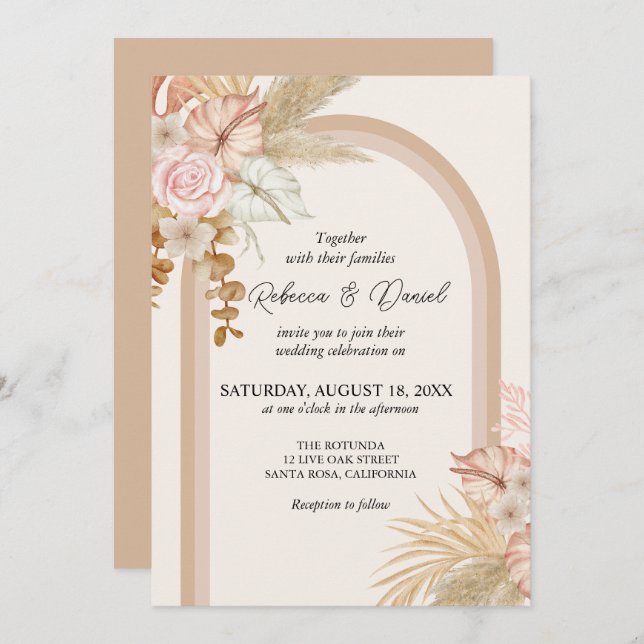 Convite Casamento Floral Rustic Neutral Boho (Frente/Verso)