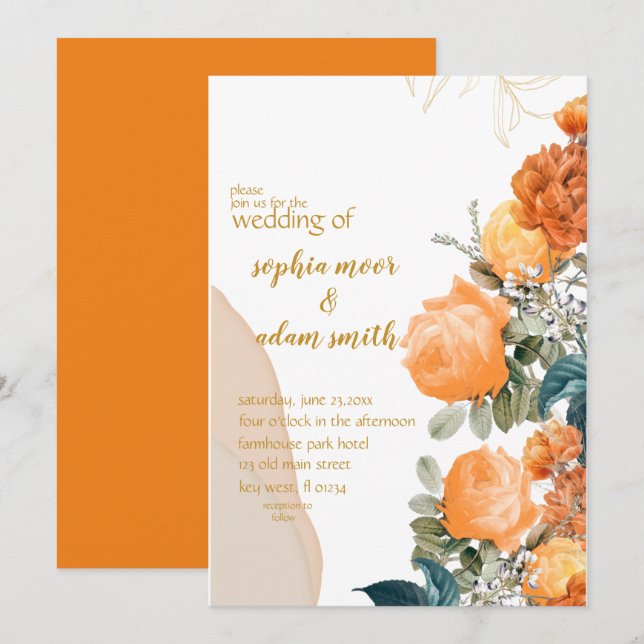 Convite Casamento Floral Rustic Neutral Boho laranja (Frente/Verso)
