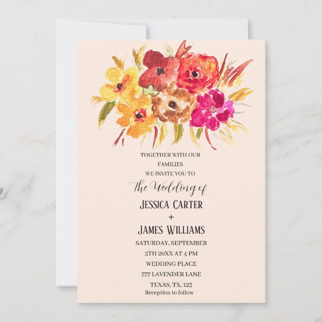 Convite Casamento Floral Rustic Orange Fall Boho Bohemian (Frente)