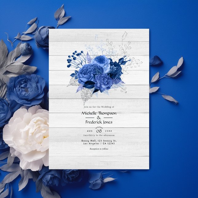 Convite Casamento Floral Rustic Royal Blue & Silver (Criador carregado)