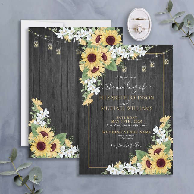 Convite Casamento Floral Rustic Sunflower & Cinzas (Criador carregado)