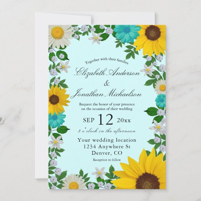 Convite Casamento Floral Rustic Sunflower Daisy (Frente)