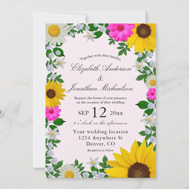 Convite Casamento Floral Rustic Sunflower Daisy (Frente)