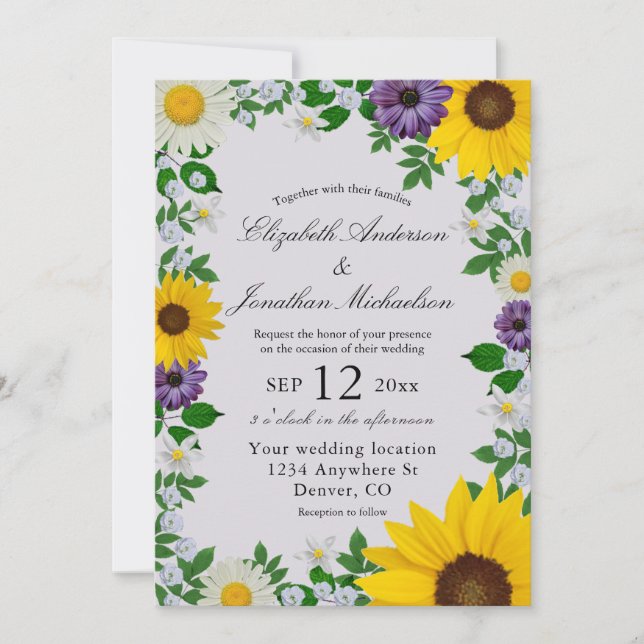 Convite Casamento Floral Rustic Sunflower Daisy (Frente)