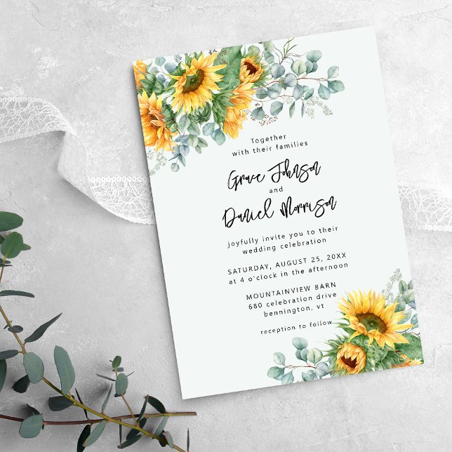Convite Casamento Floral Rustic Sunflower Eucalyptus (Criador carregado)
