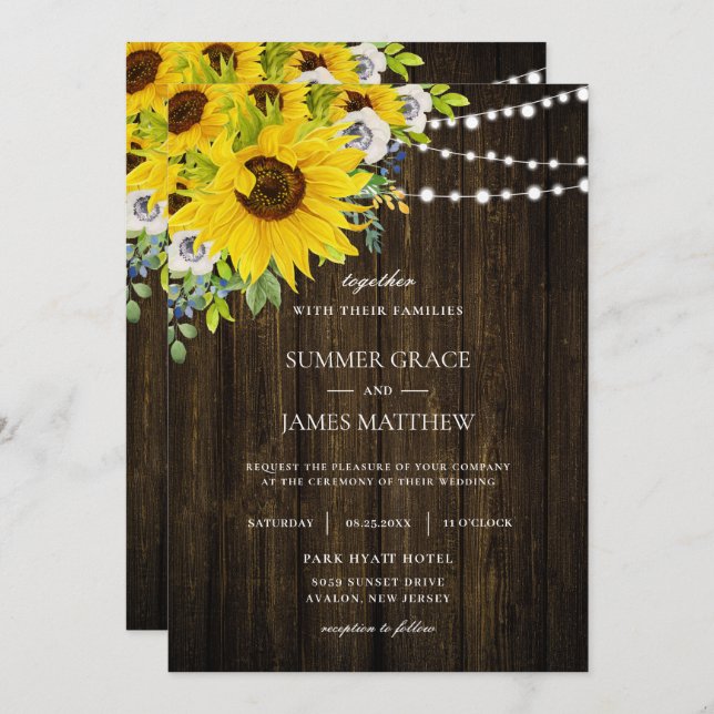 Convite Casamento Floral Rustic Sunflower Ivory  (Frente/Verso)