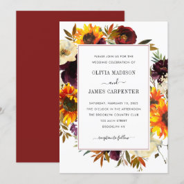 Convite Casamento Floral Rustic Sunflower Rosa Burgundy Fa