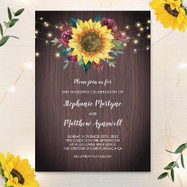 Convite Casamento Floral Rustic Sunflower Wood Lights