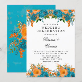 Convite Casamento Floral Rustic Teal Orange Watercolor
