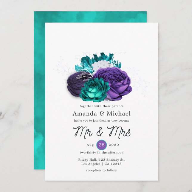 Convite Casamento Floral Rustic Violet e Turquoise (Frente/Verso)