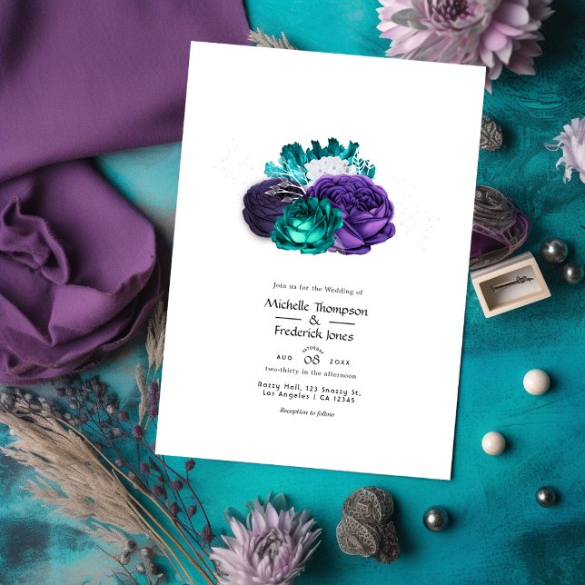Convite Casamento Floral Rustic Violet e Turquoise (Criador carregado)
