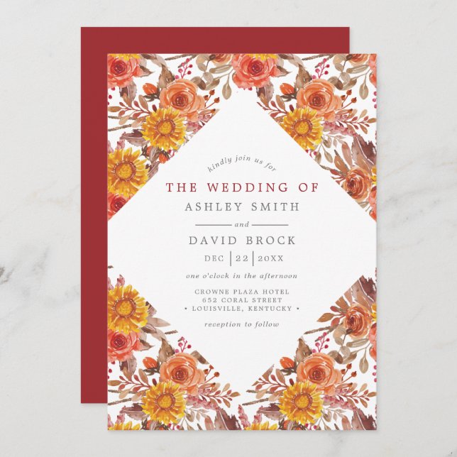 Convite Casamento Floral Rustic Watercolor Autumn (Frente/Verso)