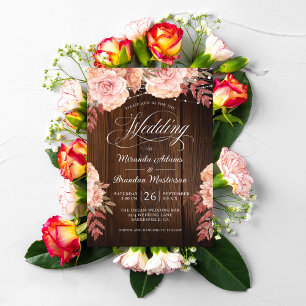Convite Casamento Floral Rustic Wood and String Lights