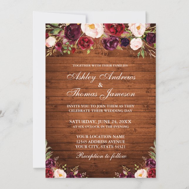 Convite Casamento Floral Rustic Wood Burgundy (Frente)