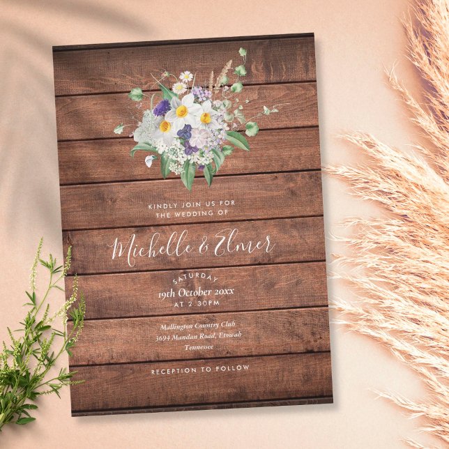 Convite Casamento Floral Rustic Wood Country Wildflower (Criador carregado)