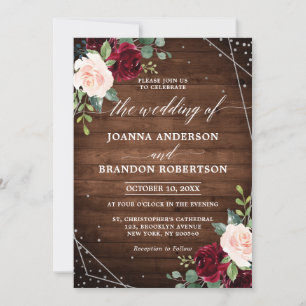 Convite Casamento Floral Rustic Wood Geométrico Burgundy