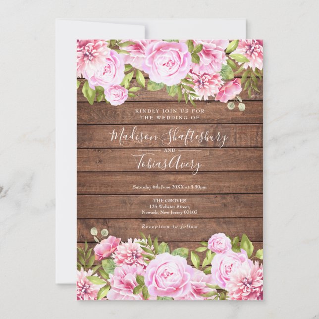 Convite Casamento Floral Rustic Wood Pink (Frente)