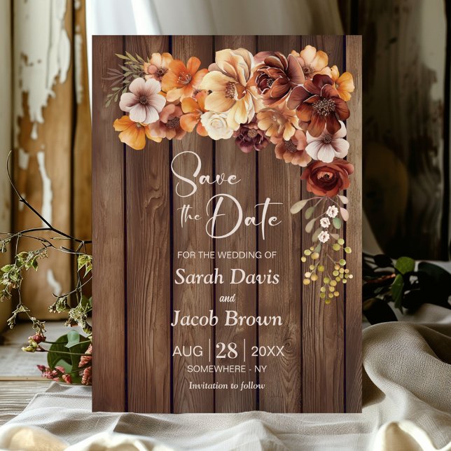Convite Casamento Floral Rustic Wood Salve a Data (Criador carregado)