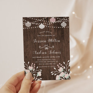 Convite Casamento Floral Rustic Wood String Lights Blush