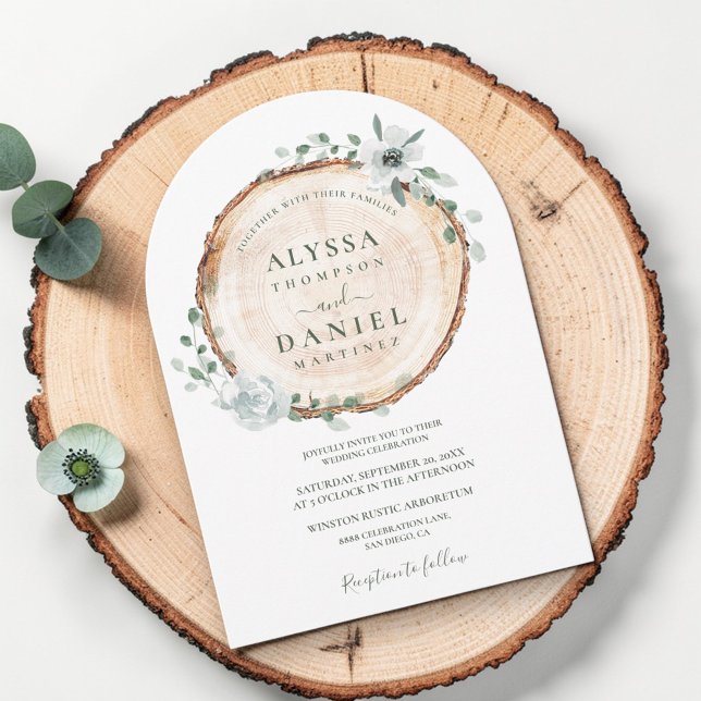 Convite Casamento floral Rustic Woodland Sage (arch wedding invitation, wood cut slice and watercolor rustic flowers and greenery.)