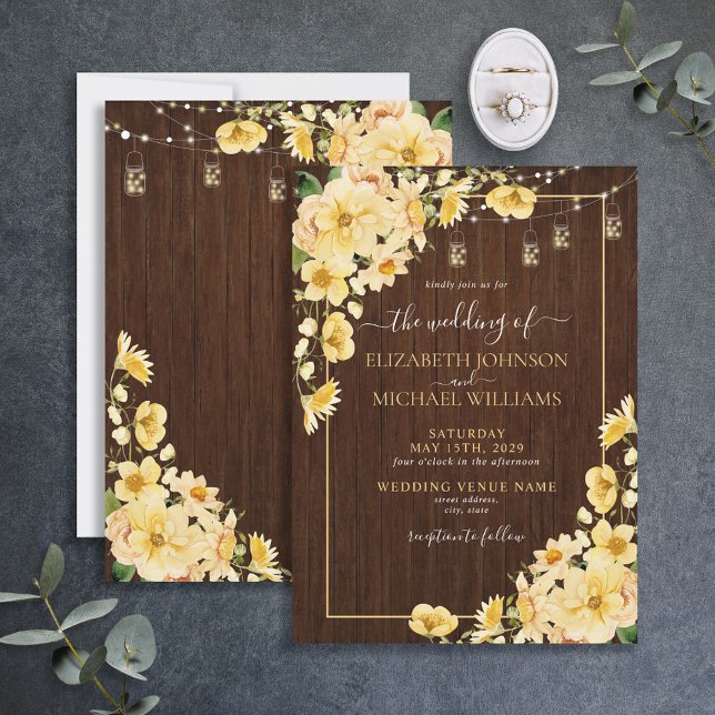 Convite Casamento Floral Rustic Yellow Wood Script (Criador carregado)